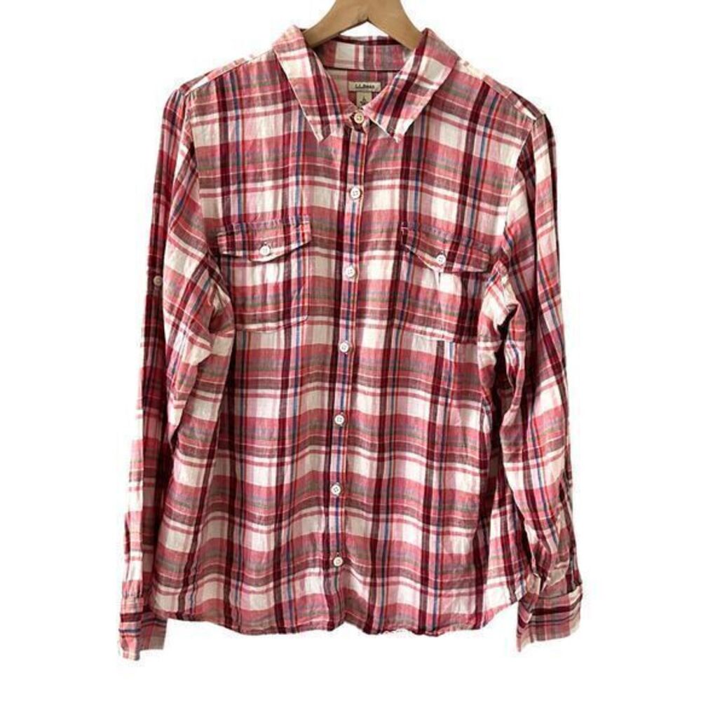 L.L. Bean Pink White Plaid 100% Linen Button Up Long Sleeve Blouse Size‎ L